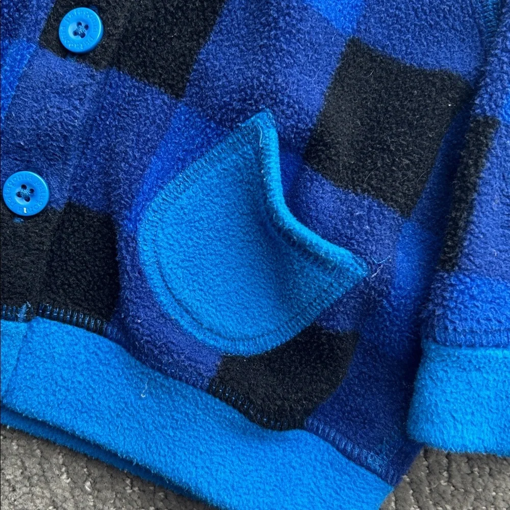 Patagonia Blue and Black Plaid Fleece Hoodie Baby Swirly Top Jacket Size 18M - Picture 4 of 9